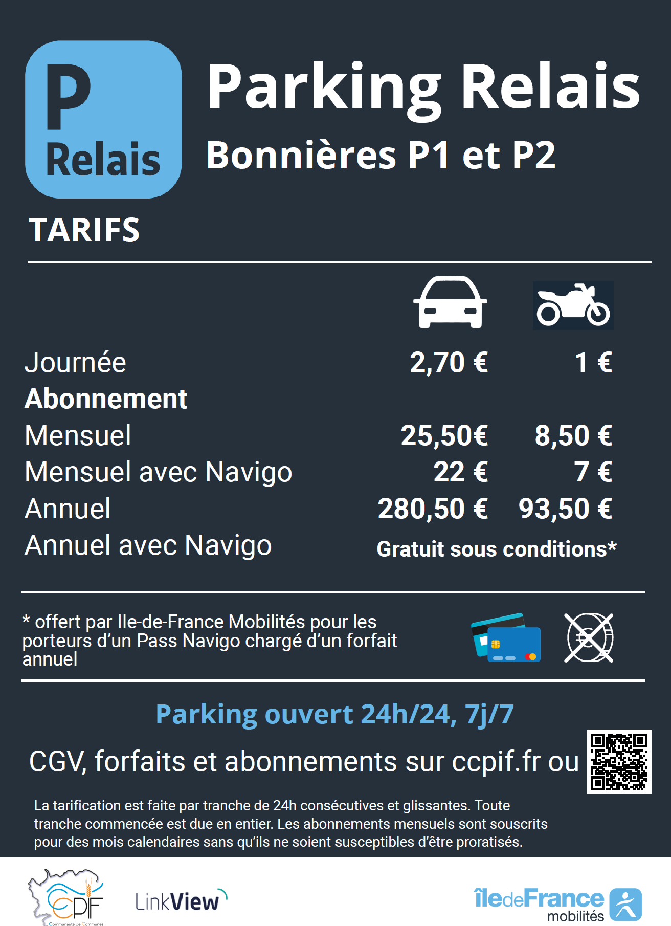Tarifs parking relais bonnieres 2026